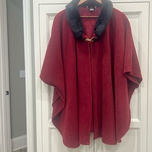 MIXIT red/burgundy one button cape with black faux fur collar. One Size shawl